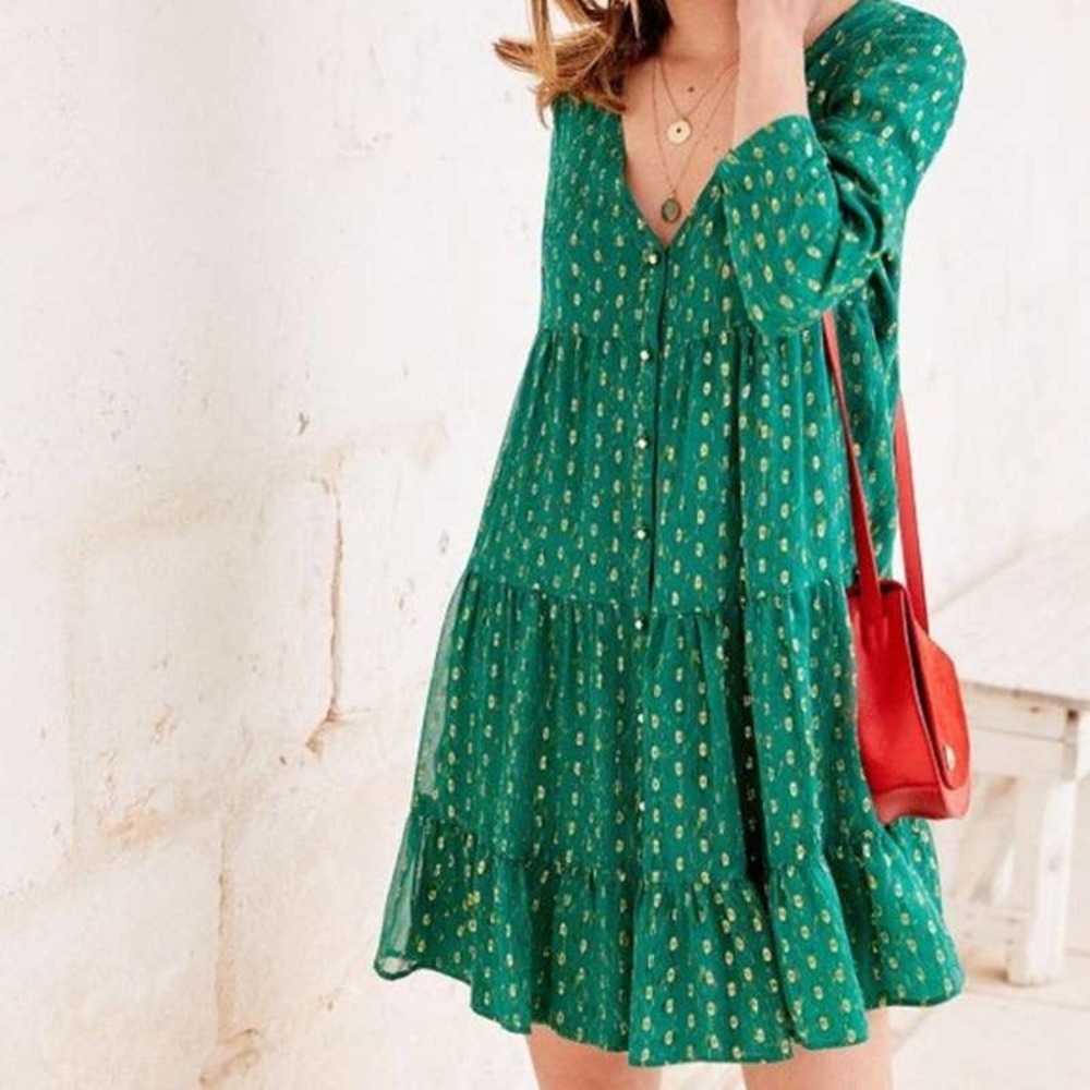 Sezane Green Gold Silk Mini Dress Tiered Prairie Dress Women's Size FR 44 US 12